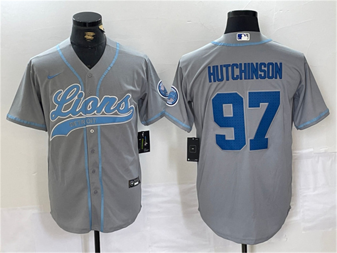 Men's Grey Detroit Lions #97 Aidan Hutchinson Cool Base Stitched Baseball Jersey